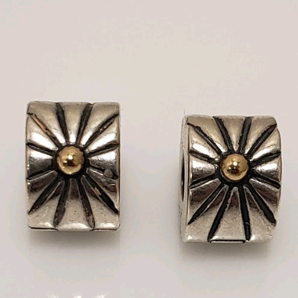 Pandora Sunburst Clips 925 SS & 14K Gold Set Of 2
